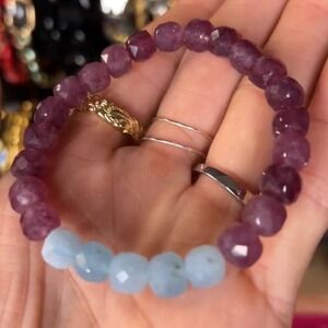 Square Faceted Lepidolite Aquamarine 8mm Beaded 7" Handmade in Maui Bracelet